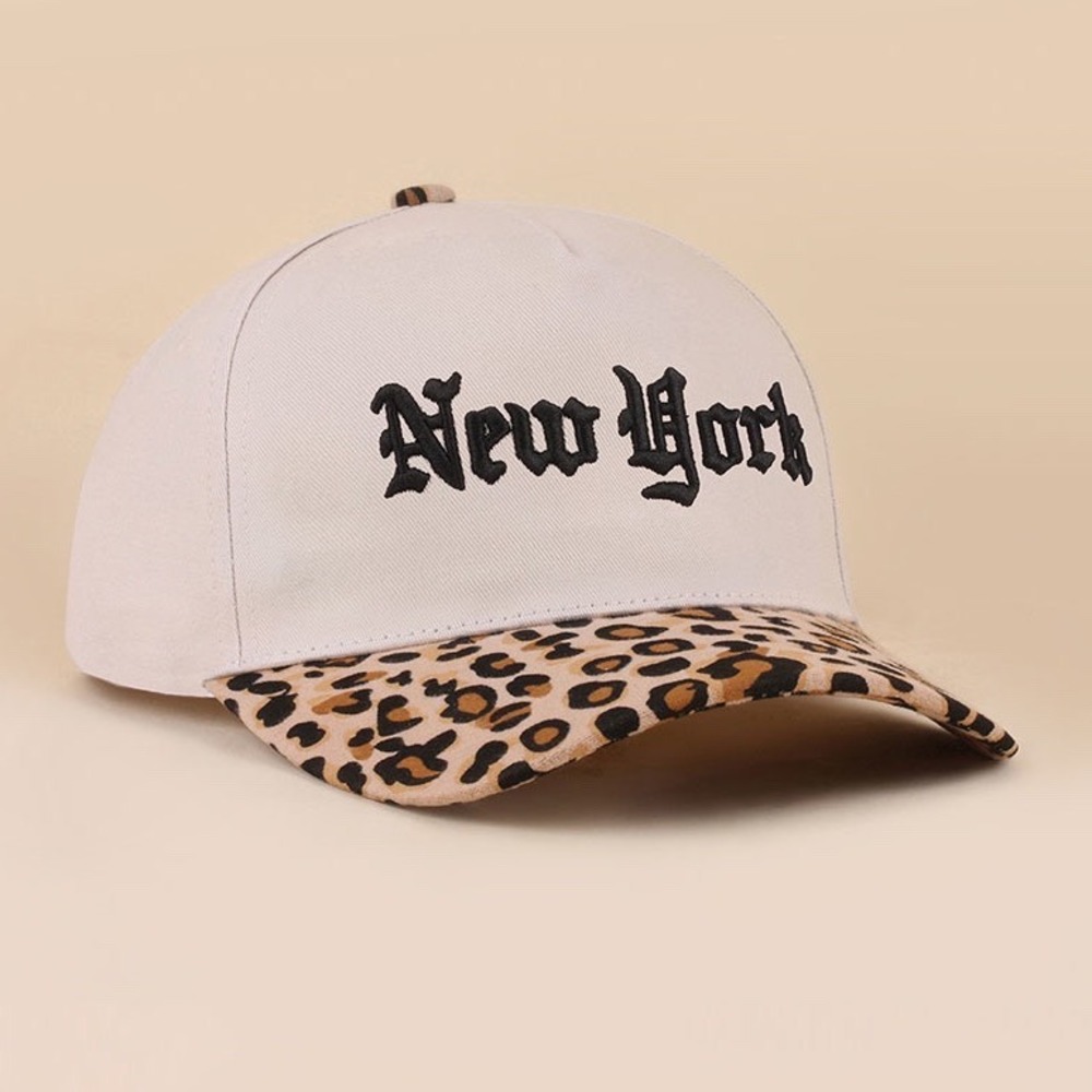 305.New Zenana New York Leopard Print Brim Baseball Cap White Animal Print Hat